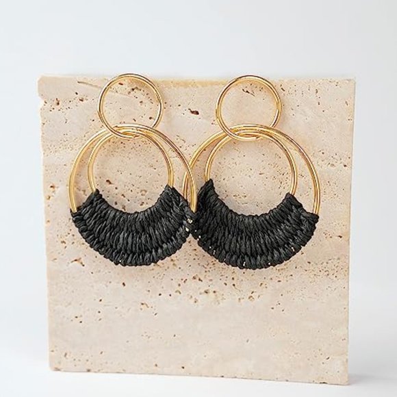 Black Woven Raffia Gold Hoop Earrings Wicker Hoops Links Post Vacation Style New - Picture 3 of 5